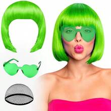 DGreen Bob Wig And Sunglass Set Neon Funny Short Bob Wig Sunglass Pack Colorful Hairpieces Fancy Dr Cosplay Costume Accories For Women Bachelorette Party Favors Halloween Decorations - 綠色的 - 查看 1