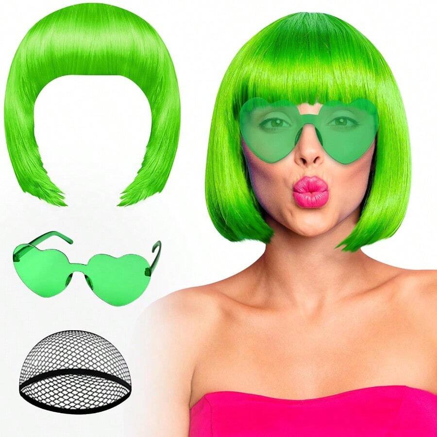 DGreen Bob Wig And Sunglass Set Neon Funny Short Bob Wig Sunglass Pack Colorful Hairpieces Fancy Dr Cosplay Costume Accories For Women Bachelorette Party Favors Halloween Decorations - 綠色的 - 查看 1