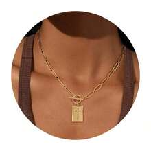 1-Piece Gold And Silver Cross Pendant Necklace For Women, Toggle Clasp Rectangle Cross Charm Necklace, Dainty Paperclip Chain Religious Jewelry Gift For Christian Faith, Baptism, First Communion - Vàng - Xem 6
