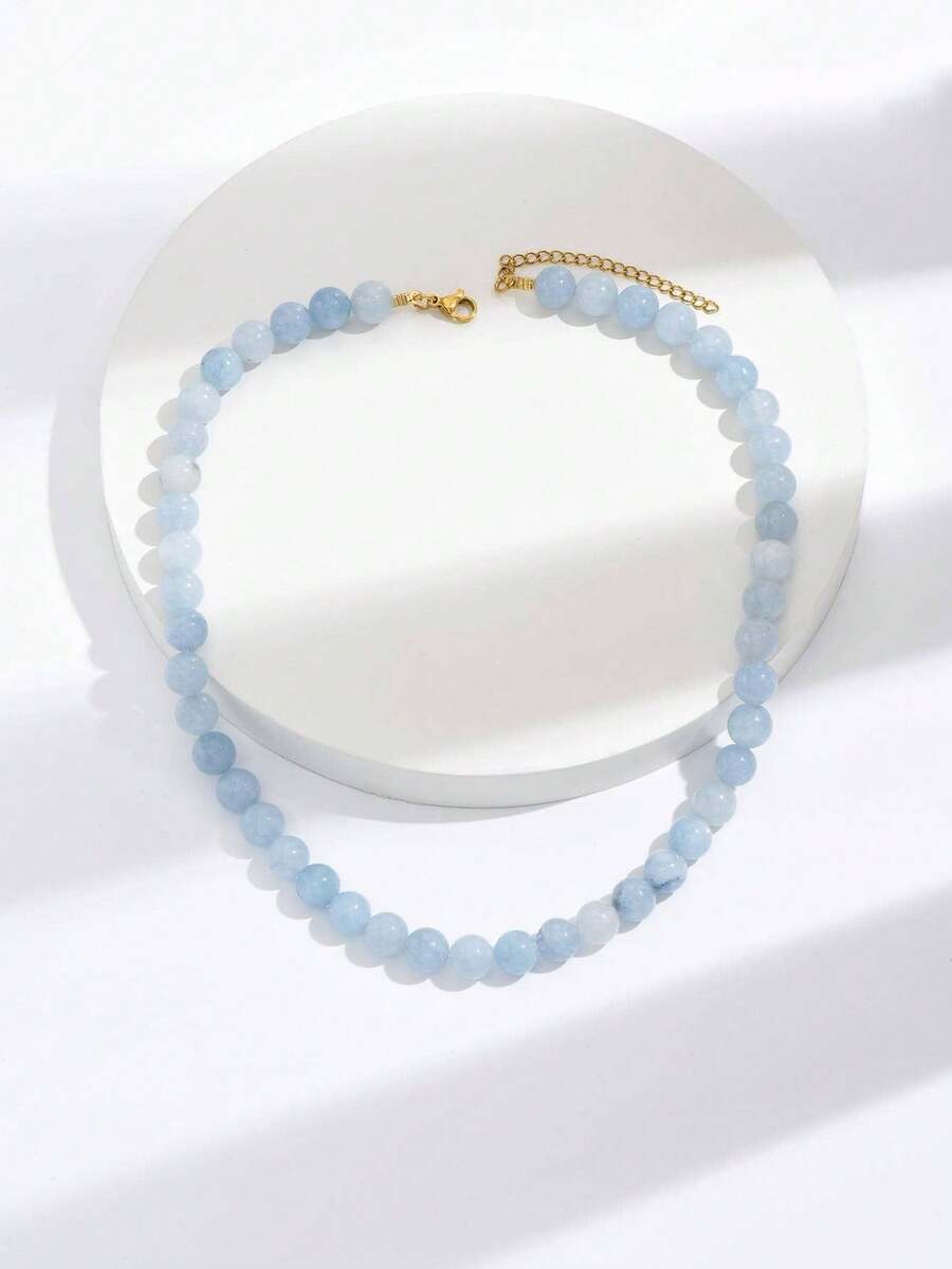 1pc Fashion Elegant Simple Lady Marine Blue Natural Stone Necklace - 藍色 - 查看 1