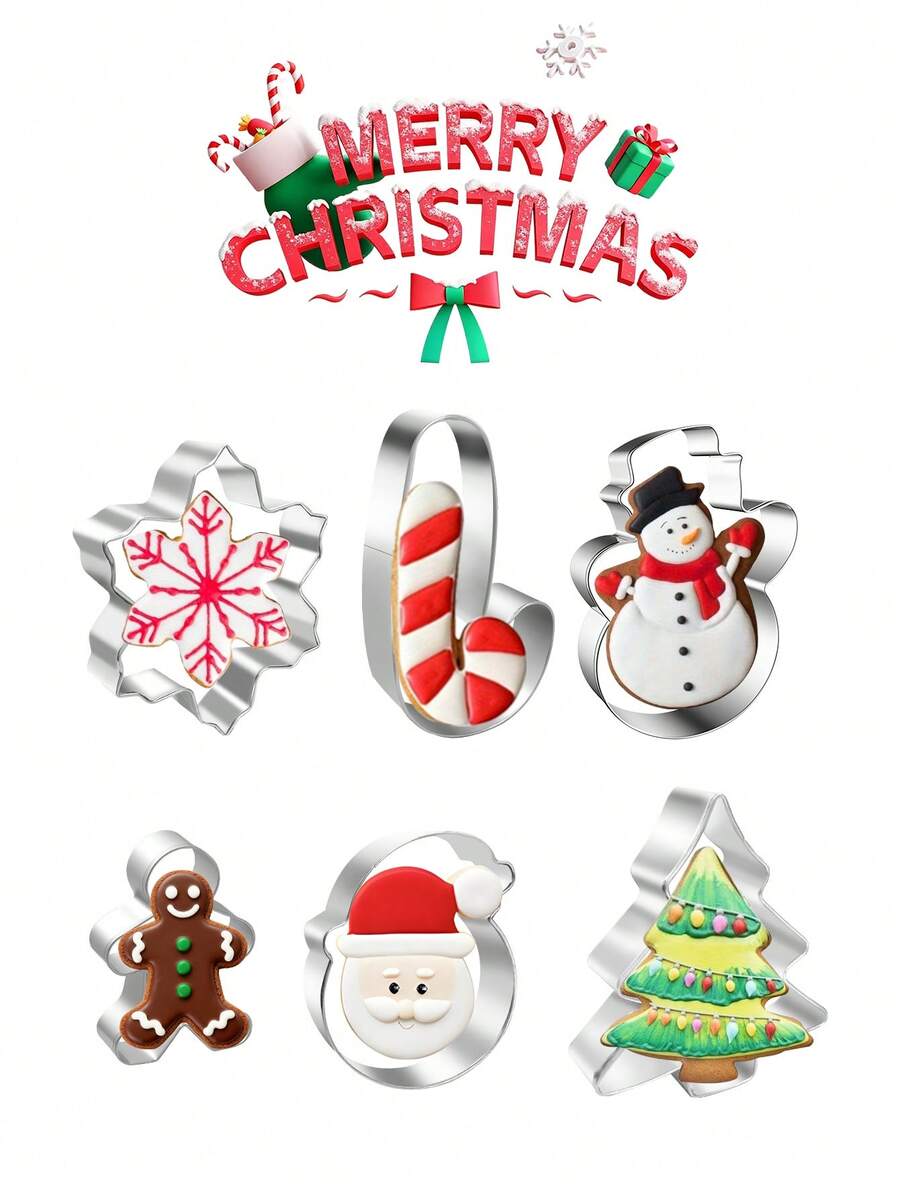 Zestaw 6 foremek do ciastek ze stali nierdzewnej w kształcie piernika, bałwana, płatka śniegu, choinki, Świętego Mikołaja, laski cukrowej – narzędzia do pieczenia o tematyce bożonarodzeniowej, zestaw stempli do ciastek świątecznych – idealne na zimę