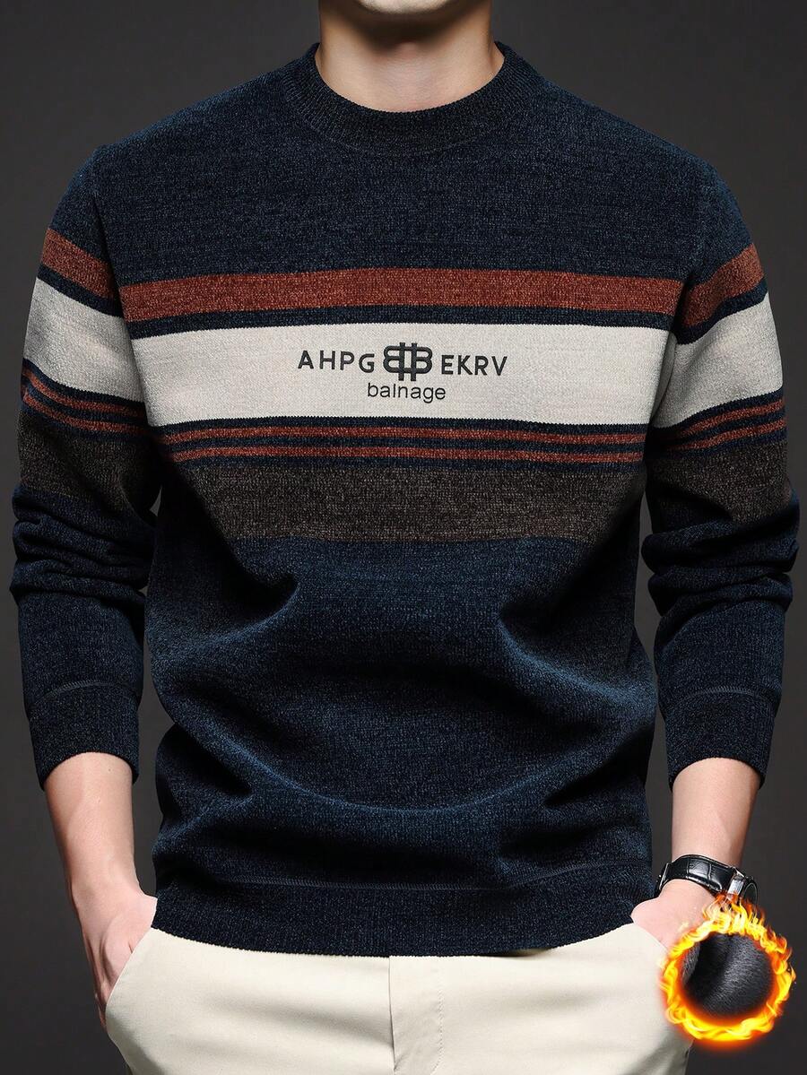 Men's Thick Striped Chenille Sweater, Business Commute & Casual Versatile Middle-Aged Knitted Pullover, Winter, Long Sleeve Top