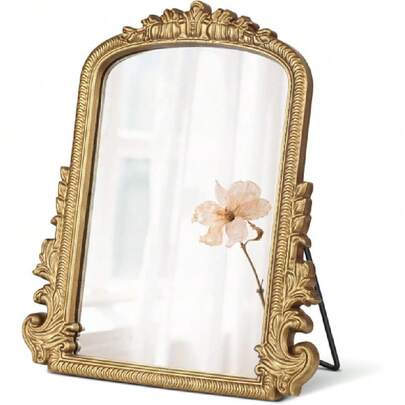 Vintage Vanity Mirror With Stand – 11.8"X9.6" Gold Tabletop Makeup Mirror, Arched Decorative Mirror With Carved Engineered Wood Frame For Bedroom, Dresser, Bathroom Or Desk,23195431