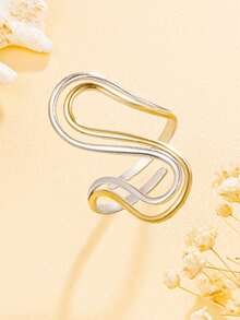 1pc Elegant Hollow Geometric Streamlined Open Stainless Steel Ring, Versatile Multi-Element Band, 18K Gold Vacuum Plating, Waterproof Accessory For Women, Party Wear