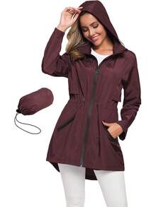 Women's Long Raincoat With Hood Outdoor Lightweight Windbreaker Waterproof - Màu Đỏ Sâu - Xem 8