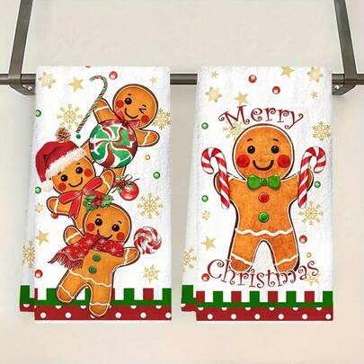 2pcs Large Christmas Kitchen Towels - Gingerbread For Man, Soft Absorbent Microfiber Dish Cloths (40x60cm/15.8x23.62in) - Quick-Drying Holiday Decor For Kitchen, Bathroom, Table Settings - Festive Gingerbread Men With Candy Canes & Merry Christmas Text - Christmas Decorations For Home