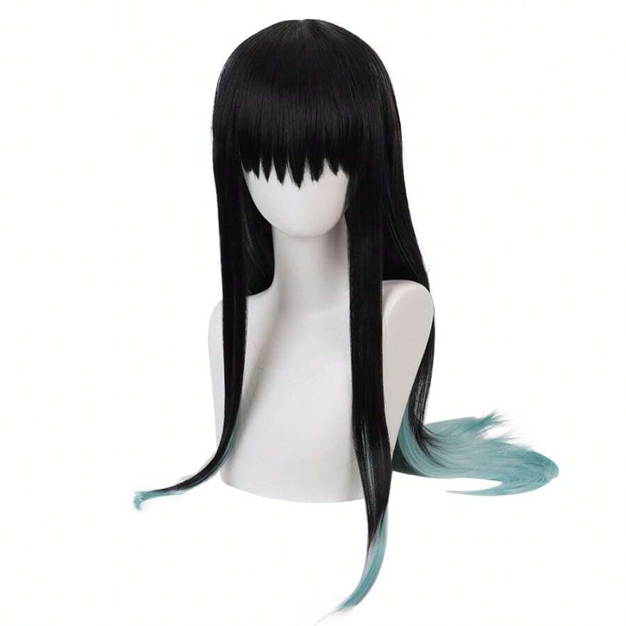 DAnime Cosplay Wig Long Short Synthetic Hair For Halloween Costume Party With Free Wig Cap Black Green1 - 黑綠1 - 查看 1