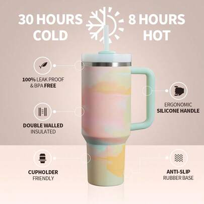 Compatible con el vaso de 40 onzas H2.0 con asa, botella de agua de acero inoxidable aislada al vacío de doble pared, vajilla de verano premium, frasco portátil práctico, taza de viaje para café con hielo, para acampada al aire libre, senderismo, conducción, viajes, idea de regalo perfecta
