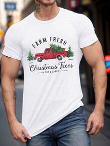 200g 100% Algodón Puro Camiseta de Hombre Talla Grande, Impresa con patrones de camión vintage y árbol de Navidad fresco de granja| Camiseta de cuello redondo de punto Leisure поли - Elasticidad ligera, patrón geométrico, ajuste regular de verano - ¡Ideas de regalos de Navidad para ropa de verano! - Negro - Ver 2