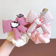 Sanrio Cute Girlish Hello Kitty Hair Scrunchies Set With Plaid & Polka Dot Patterns, 3D Bowknot & Cartoon Character Detail, Soft Fabric Material, Elastic Hair Ties For Styling & Holding Hair, Y2K Kawaii Style Hair Accessories, Perfect For Daily Wear, School, Parties, Gifts For Hello Kitty Fans & Teens ,Makeup
