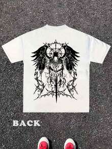 Dark, Gothic Style Pattern T-Shirt - Loose Crew Neck, Printed With The White Word "FALLEN". In The Middle Is A Printed Image Of A Judgment Angel With Wings And Holding A Sword. It Is Simple Yet Unique, Machine Washable, In A Fashionable Street Style, And A Durable Daily Wear. - White - View 2