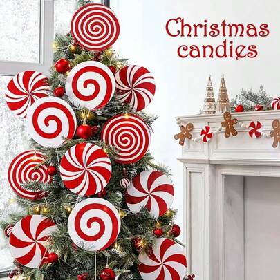 12-Piece Large Red And White Festive Christmas Tree Ornaments - PVC Hanging Candy Decor For Trees, Vases, Home Office, Holiday Party Decorations, No Electricity Needed, Classic Christmas Style, Versatile Ornaments