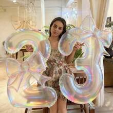 2个超大彩色透明数字造型铝箔气球，配24英寸彩色蝴蝶结装饰，适用于生日派对、户外活动、周年纪念、节日、宴会庆典氛围营造和背景装饰、情人节、新年装饰、活动策划。 - 無色 - 查看 11