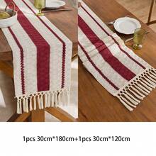 Handwoven Boho Farmhouse Table Runner - Fringed, Suitable For Dining Tables, Round Coffee Tables And Rustic Home Decor, Perfect For Wedding Receptions, Outdoor Parties And Valentine's Day Decorations. Rectangular Design, Fits Home And Dining Room Decor, Can Be Used As Kitchen Dining Table Centerpiece, Decorative Tableware Accessory And Rustic Decor. Beautifully Woven, Durable. - Red - View 17