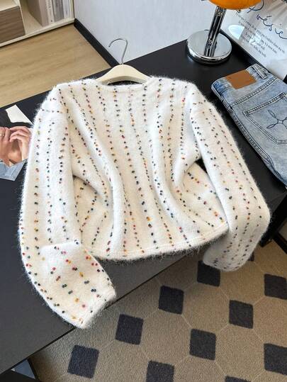 1pc Polka Dot Soft Round Neck Long Sleeve Sweater