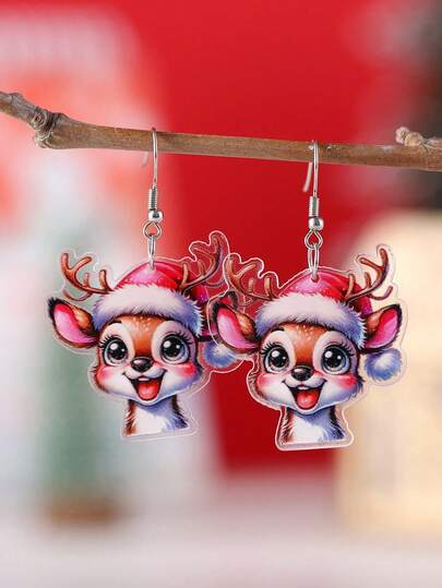 زوج من أقراط الغزلان الكيوت الأبعاد من الأكريليك، مناسبة للنساء لارتدائها خلال عيد الميلاد، هدية عيد الميلاد المثالية