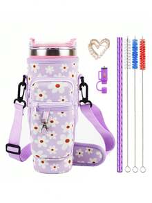 1个水壶袋/7件套运动水杯配件套装，包括30-40盎司水壶袋、心形胸针装饰、彩色吸管防尘套、3个彩色清洁刷、彩色水纹吸管