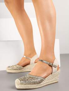 波西米亚风编织坡跟帆布鞋 - 女式夏季凉鞋 - 休闲 - 金色 - 查看 2