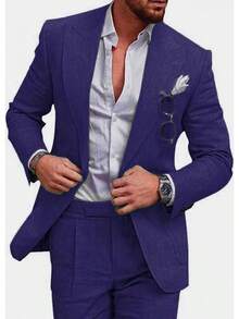 Costumes For Men New Men's Plus Size Two-Piece Suit Set Single-Button Linen Solid Color Suit - 藏青色 - 查看 8