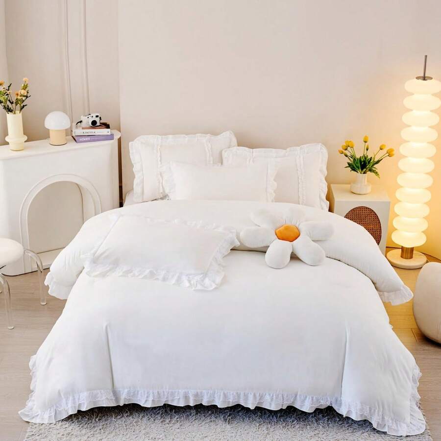 Chic Ruffle Lace Polyester Duvet Cover Set - Girl White Bedding - 2 Piece Twin Comforter Duvet Cover With Zipper Closure - Ultra Soft And Lightweight (White, Twin) - NO Comforter Included - 白色 - 查看 1