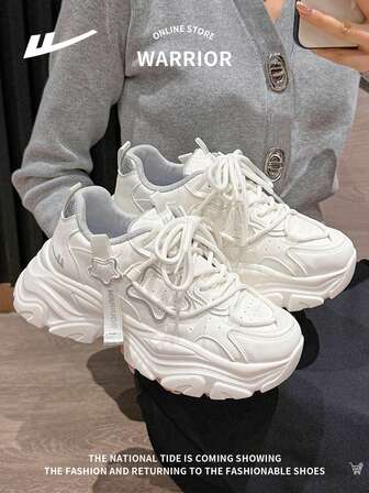 WARRIOR 1 Pair Women's Front Lace-Up Chunky Sneakers, Versatile Comfortable Design, Low-Top Outdoor Casual Non-Slip Thick Sole Elevator Shoes