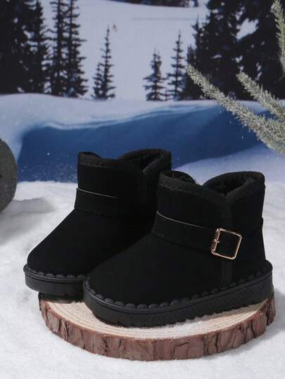 Botas de nieve para niños y niñas, botas de invierno de ante negro con forro térmico, con hebilla, suela de goma antideslizante, botas de tobillo impermeables para niños pequeños, ideales para días nevados, juegos al aire libre, escuela y uso diario, calzado elegante y acogedor para mantener los pies pequeños calientes en clima frío