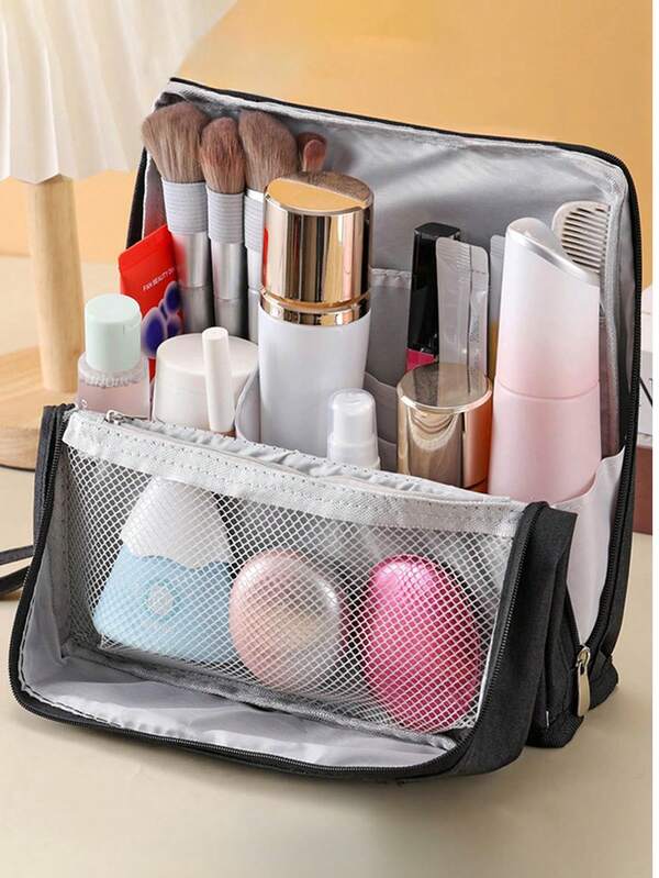 1 peça de bolsa de maquiagem de pé, bolsa de armazenamento de maquiagem de viagem magnética dobrável de grande capacidade para mulheres, bolsa de maquiagem aberta portátil à prova d'água com divisória
