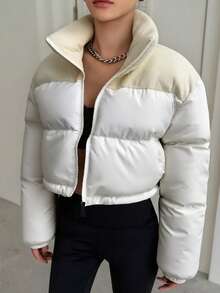 Women's Short Padded Coat, Color Block Patchwork Corduroy Zipper Stand Collar, Suitable For Parties, Dates, Daily Wear In Autumn/Winter