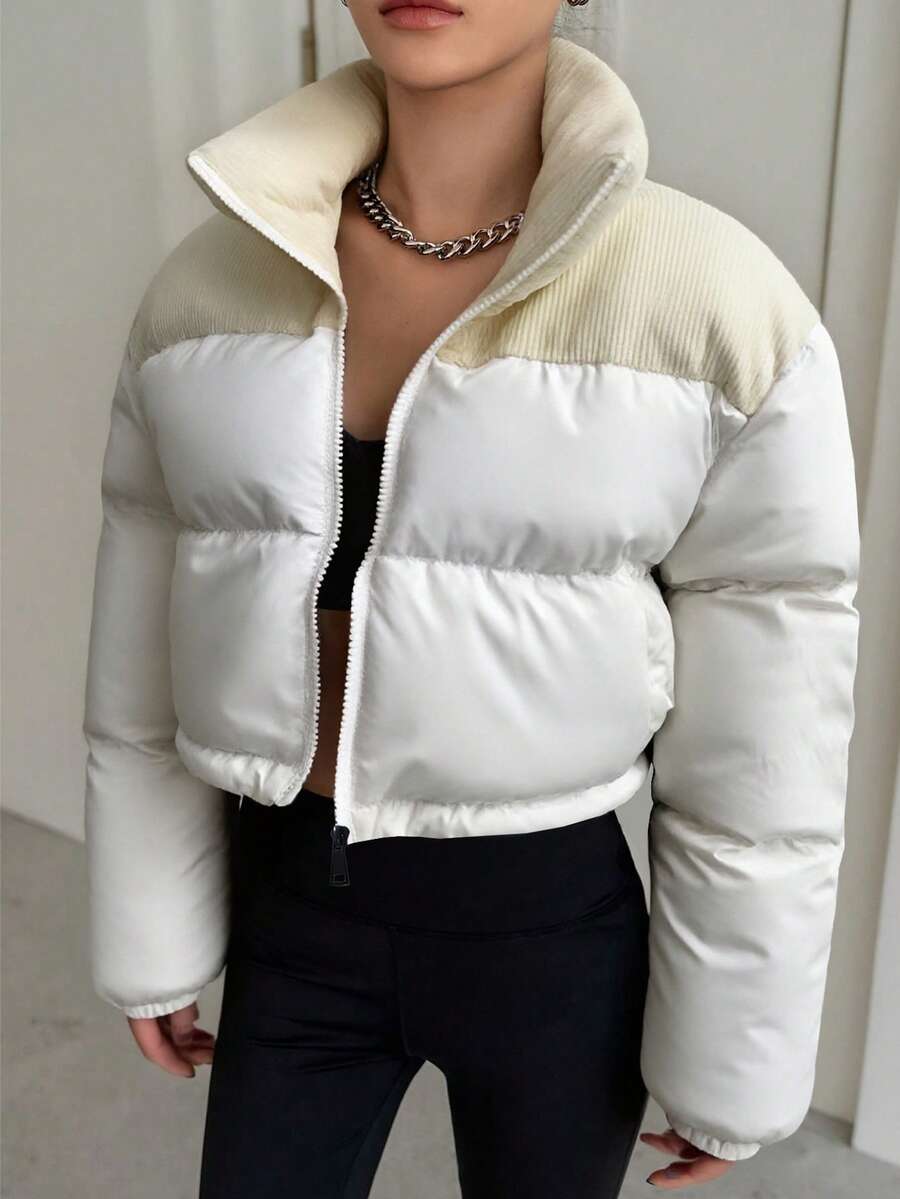Women's Short Padded Coat, Color Block Patchwork Corduroy Zipper Stand Collar, Suitable For Parties, Dates, Daily Wear In Autumn/Winter
