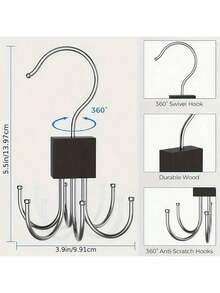 Belt Hanger, 6 Hook Belt Organizer, Rotating Tie Hanger With Wooden Base And Steel Hooks For Hats, Bags, And Scarves, Foldable And Compact,6-Claw Hanging Hook, Coat Hook, Scarf Hook, Belt Hook, Cabinet Storage Rack, Entryway Coat Rack Hook, Back-To-School & Home Essential,No Drill Multifunctional Rack For Belts, Ties, Underwear, Bags, Scarves,Clothing, Storage Hook