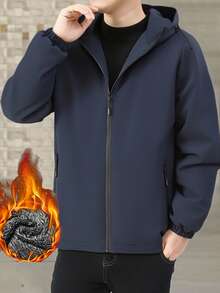 1pc Men's Thermal Lined Jacket, Casual Hooded Outerwear For Autumn & Winter - Blue - View 2