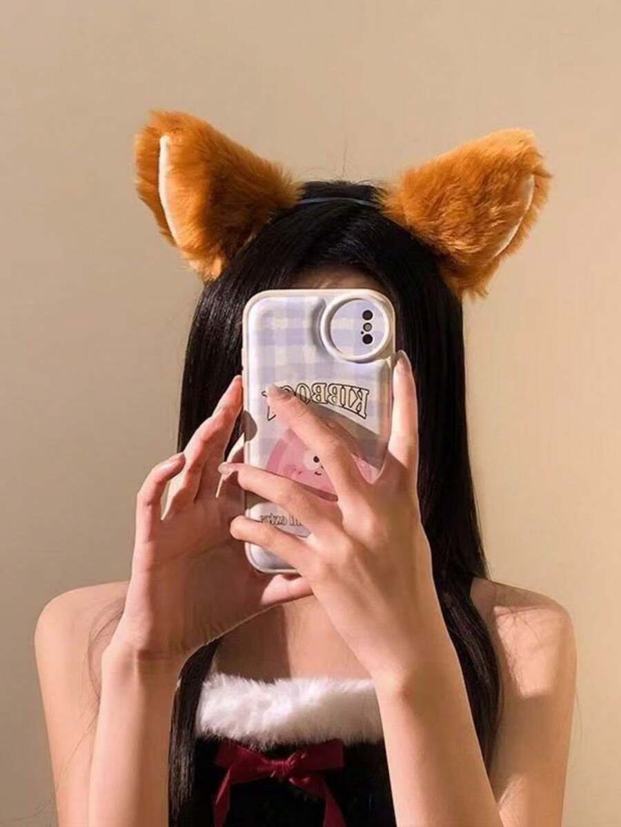 1个可爱棕色狐狸耳朵毛绒发箍，女士化妆/拍照道具发饰，发箍，女士发带 - 彩色 - 查看 1