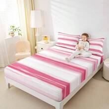 Sbana bajera ajustable de rayas geomtricas rosadas para nios, tamao individual, lnea de arte abstracto, 2 piezas, decoracin de recmara para nios y nias, sbana de bolsillo profundo, 1 funda - Blanco Rosa + TWIN (An. 39 x L. 75 x Al. 16") - Ver 4