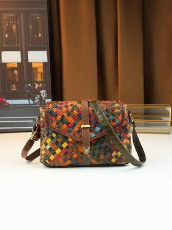 Bolso de hombro y bandolera de mujer de cuero genuino vintage con patchwork tejido, bolso cuadrado pequeño