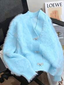 女士柔软仿羊绒开衫，蝴蝶纽扣，纯色前扣罗纹针织 - 藍色 - 查看 3