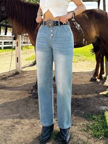 Women's Classic Straight Leg Jeans - Mid Rise Vintage Wash Denim Pants With Single Button Fly & Utility Pockets For Everyday Casual Wear
