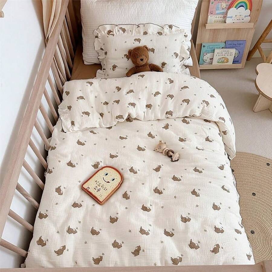 Muslin Duvet Cover With Ruffled Edges, 1 Piece Cotton Comforter Cover 47X59'', Pattern 2-Layer Gauze Bedding, No Quilt Or Pillowcases, Bedroom Essential - 蜜蜂和熊 - 查看 1