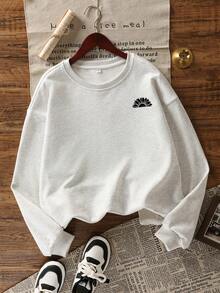 女式字母印花圆领落肩长袖休闲宽松运动衫，秋冬 - 淺花灰 - 查看 5