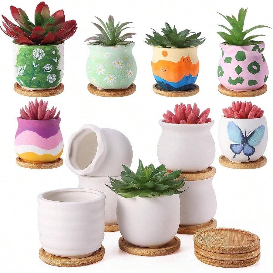6 Pcs 3.5 Inch Ceramic Succulent Pots Painting Figurines Paint Kit Unpainted Ceramic Bisque Paintable Flowerpots With Drainage Hole Ready To Paint - 18 - Xem 1