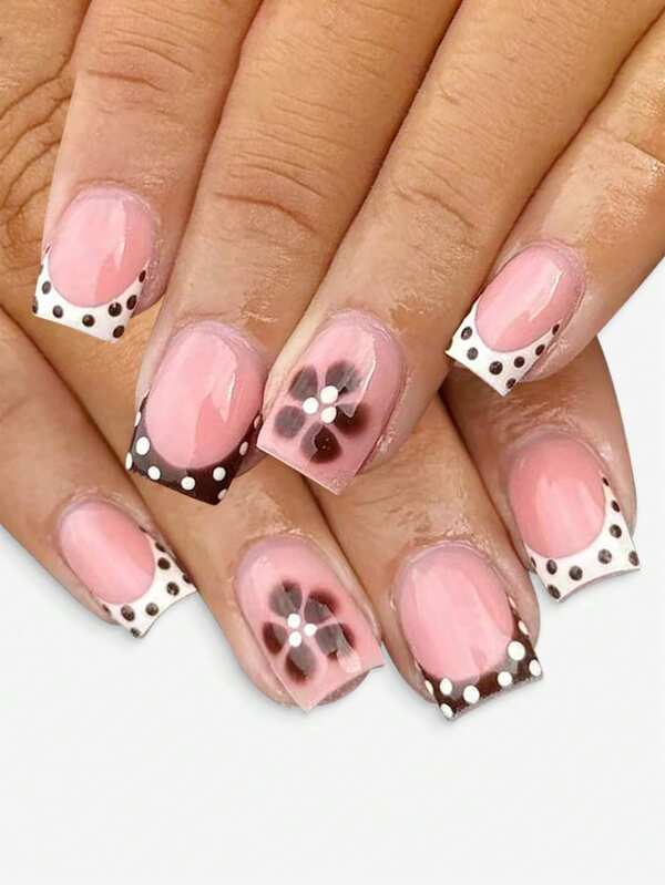 24pcs Glossy Square Nail Tips, French White Polka Dot Flower Design, European & American Style, Suitable For Autumn/Winter