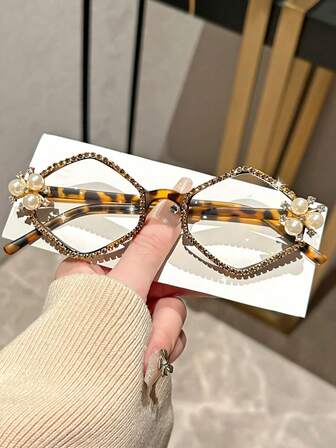 1pc Handmade Geometric Rhombus Frame Chain Rhinestone Snowflake Pearl Decor Glasses, Suitable For Christmas, Wedding, Party, Birthday, Festival, Street Photography, Costume Accessory