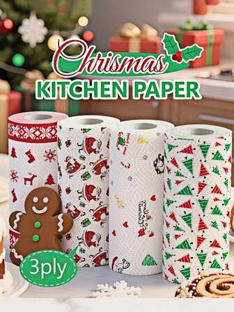 4types Of Christmas Patterned Reusable Kitchen Paper Rolls, Washable, Non-Stick, And Easy-To-Clean Multi-Purpose Cleaning Cloths, Suitable For Living Rooms, Bedrooms, Bathrooms, Toilets And Kitchens
