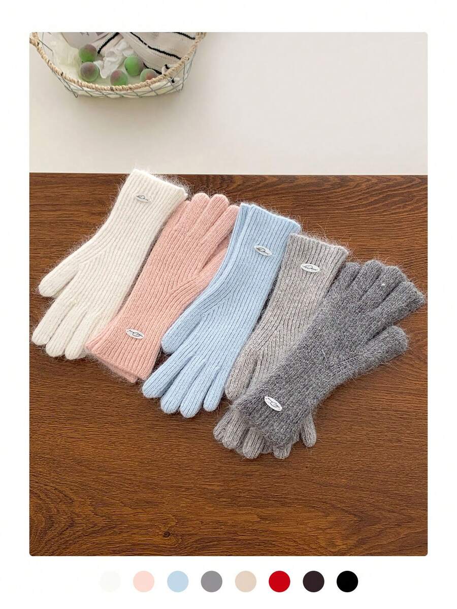 贝壳标志纯色露指手套，保暖防风触屏，简约百搭情侣手套，秋冬季女士毛绒针织露指手套，可爱五指保暖防风，适合学生、骑行、户外活动，简约百搭纯色加厚长款露指手套，保暖防寒，骑行户外情侣手套，冬季 - 貝殼標字母 - 查看 1