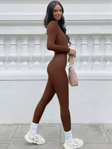 Womens Workout Winter Long Jumpsuits Seamless Yoga Gym Bodycon Rompers Sexy Unitard Tummy Control - Reddish Brown - View 3