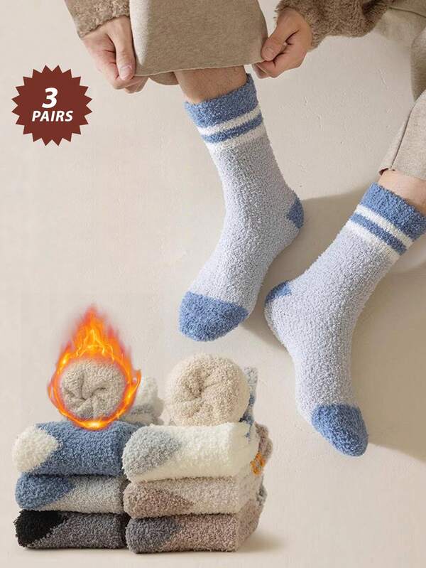 3 pares de calcetines de felpa de coral de media pantorrilla para hombres con diseño a rayas, calcetines gruesos y cálidos de media caña esponjosos, calcetines largos para uso diario, interior y exterior, color aleatorio