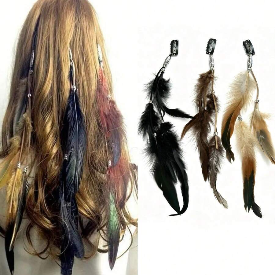 3pcs Snap Button Artificial Feather Boho Style Feather Tassel Hair Clips, Suitable For Women's Daily Use, Hair Slide, Hair Barrettes