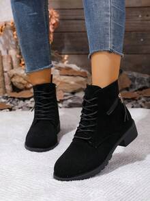 Damen Schnür-Reißverschluss Mode Knöchelstiefel, Gummi-Flachsohle bequem und langanhaltend, einfache Fütterung atmungsaktiv, Veloursleder Material mit matter Oberfläche, Schnür-Reißverschluss Dekordesign für einfaches An- und Ausziehen, passt gut zu Kleidern für einen Retro-Look, klassische nackte Farbe ist immer im, vielseitig für Alltagsfahrten und Partywear geeignet