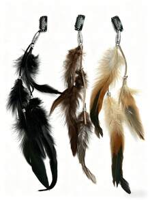 3pcs Snap Button Artificial Feather Boho Style Feather Tassel Hair Clips, Suitable For Women's Daily Use, Hair Slide, Hair Barrettes