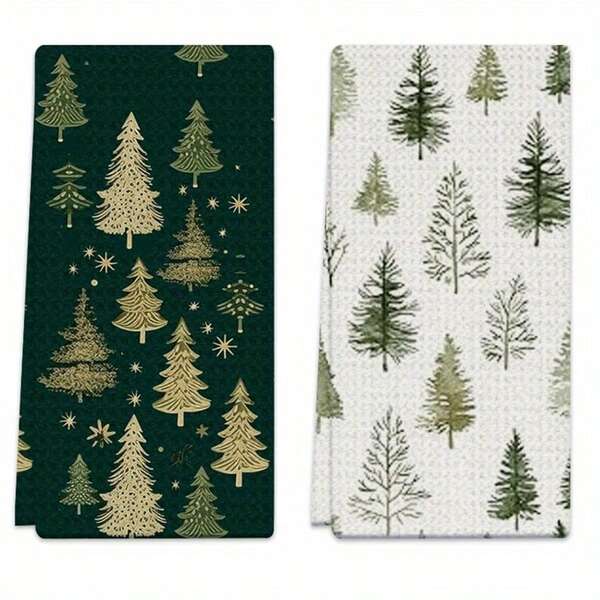 2 paños de cocina con diseño de árbol de pino y estrellas de 40x60 cm, suaves y absorbentes de poliéster. Regalo familiar amigable para toallas de cocina, cocinar, hornear, limpieza de baño, actividades al aire libre, decoraciones para el té de la tarde, artículos esenciales para el hogar