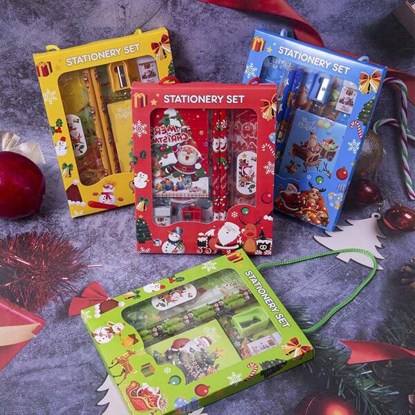 Christmas Theme Cartoon Ruler Pencil Sharpener Eraser Notebook Set Creative Drawing Office Supplies Santa Clause Reindeer Christmas Tree Stationery Kit Birthday Christmas Xmas Gifts